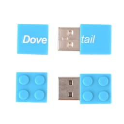 A blue brick-shaped flash drive with a silver USB connector and a logo on one side.
