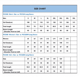 A size chart detailing measurements for men's, women's, and kids' long sleeve shirts in various sizes.