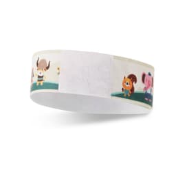 A 25mm wide disposable Tyvek wristband featuring vibrant full-colour illustrations and a white central part.
