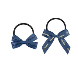 Two elastic hair bows: one in navy with 'Forward' text, and another in navy with 'Chocolate' text.