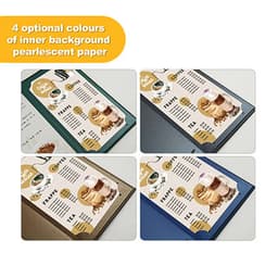 Custom menus displayed in four optional colours of inner background: green, brown, blue, and white. Each features a logo.