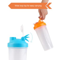 A drink bottle in clear plastic with a blue lid and orange loop top for easy carrying. Features a mixing ball inside.