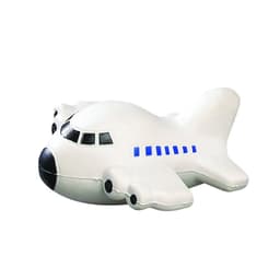 A white aircraft-shaped stress reliever with blue detailing and a black nose, featuring a logo on its side.