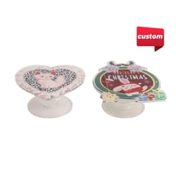 Custom shaped acrylic phone pop holders in heart and ornament designs, featuring a colourful Christmas theme.
