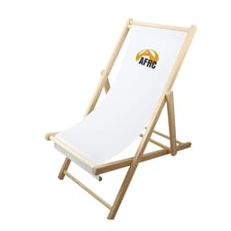 A beach chair with a beech frame and a white fabric seat, featuring a logo on the backrest.