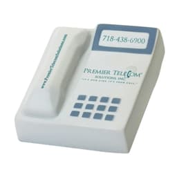 A telephone-shaped stress reliever in white and blue, featuring a textured keypad and a branding logo.
