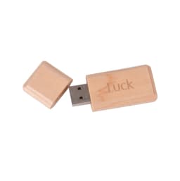 A wooden flash drive in natural colour with a removable cap, featuring a logo on its surface.
