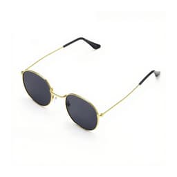 Classic metal sunglasses with a gold frame and black lenses, featuring a logo on the temple.