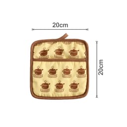 A large quilted pot holder in yellow with brown baking-themed patterns and a hanging loop, measuring 20cm by 20cm.