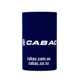 A navy blue stubby holder featuring a logo and website details on a plain background.