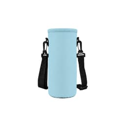 A drink bottle carrier in light blue, featuring a fabric exterior and adjustable black straps. It has a logo.