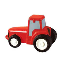 A red tractor-shaped stress reliever with white wheels, featuring a simple design and a small logo.