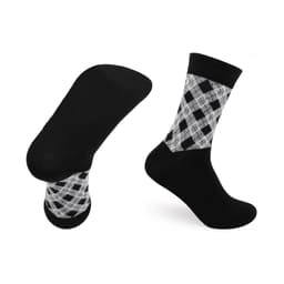 Crew custom pattern woven bamboo socks in black and grey with a towel bottom for added comfort. Features a logo.
