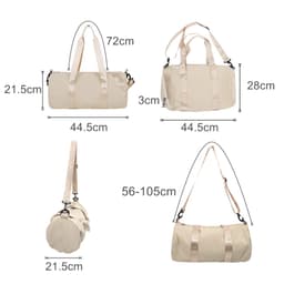 A beige bucket duffle bag with wide straps, featuring multiple viewing angles and dimensions for size reference.