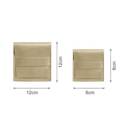 A gold PU leather flip jewelry pouch featuring two sizes, with dimensions labelled on the image.