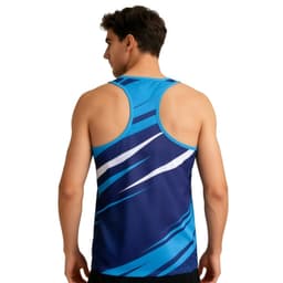 A blue sports singlet with a dynamic design featuring white and darker blue accents. It has a logo on the back.