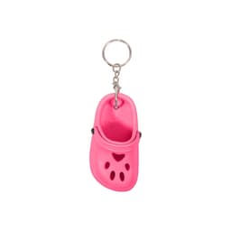 A pink paw shape clog shoe keyring attached to a silver keychain. The keyring features holes and a rounded design.