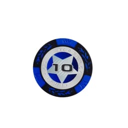 A circular poker chip featuring a blue and black design with a silver star and the number 10. It has a branding logo.