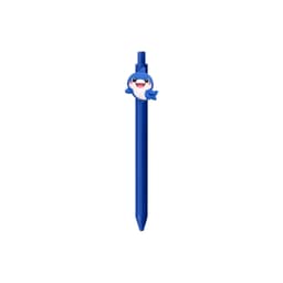 A blue pen with a shark-shaped top and a logo on the barrel.
