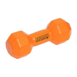 An orange dumbbell-shaped stress reliever with a logo, designed in a fun and playful style.