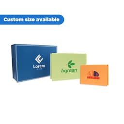 Three custom gift boxes in blue, green, and orange, featuring various logos and available in custom sizes.