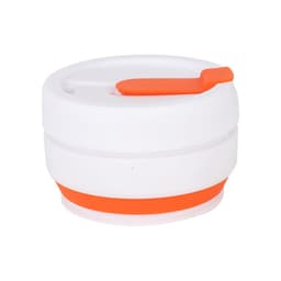 A drink bottle featuring a collapsible design in white with an orange band and lid. Includes a logo.