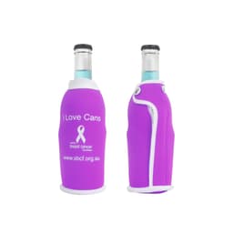 A drink bottle cooler in bright purple with a logo and text design, featuring a fitted shape for cans.