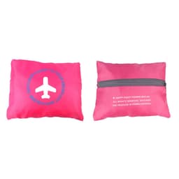 A pink travel compressed bag with a design featuring an airplane and a zippered closure. It has a logo.