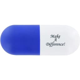 A capsule-shaped stress reliever in blue and white, featuring a logo and motivational text.