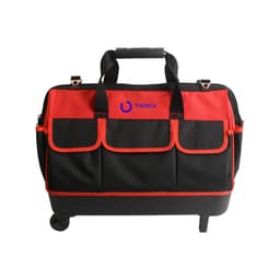 A wheeled tool bag in red and black with multiple exterior pockets and a retractable handle. Features branding.