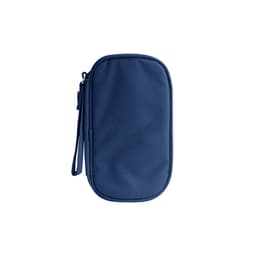 A navy blue electronic accessory organiser bag with a zip closure and a wrist strap.