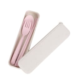A portable utensils set in a beige case, featuring pink cutlery including a fork, spoon, and chopsticks.