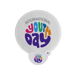 A white foldable fan featuring colourful text that reads "International Youth Day" in vibrant lettering.