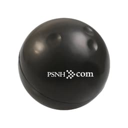 A black bowling ball shape stress reliever featuring a logo. Ideal for fun and stress relief.