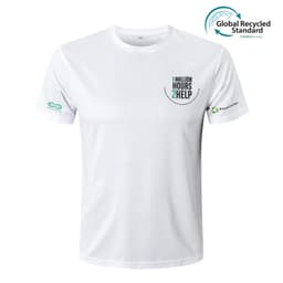 A white round-collar tee shirt with a logo, made from recycled materials, featuring a minimalist design.