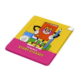 A sliding puzzle featuring a colourful character holding a pencil, set against a bright yellow and pink background.