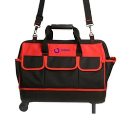 A wheeled tool bag in black and red with multiple external pockets and a logo on the front.