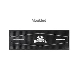 A moulded PVC bar runner in black, featuring a prominent logo and a textured surface.