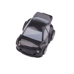 A black car-shaped flash drive with detailed features and wheels, designed for tech storage.