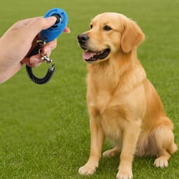 A blue pet training clicker with a coiled lanyard held in a hand, next to a golden retriever sitting on grass.
