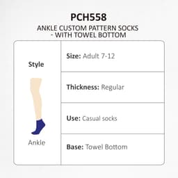 Ankle custom pattern socks in dark blue with a towel bottom, suitable for adults size 7-12. Features a logo.