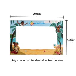 A custom-shaped fridge magnet featuring a beach scene with children playing, primarily in vibrant colours.