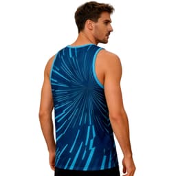 A blue polyester singlet featuring a dynamic, abstract pattern and a logo.