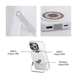 A white 10,000mAh magnetic wireless power bank with phone stand and USB ports, featuring a logo.