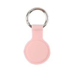 A pink Air Tag protective case with a silver keyring attached. Features a smooth, rounded design.