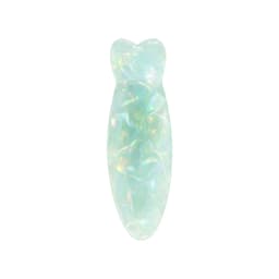 An iridescent fish-shaped hair clip in shades of pale blue and green, featuring a smooth, glossy finish.