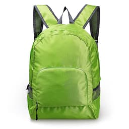 A green backpack with mesh accents, featuring adjustable straps and a front pocket, along with a logo on the front.