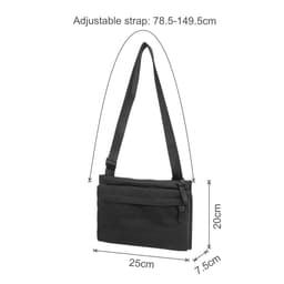 A black lightweight crossbody bag with an adjustable strap and multiple compartments. Includes a logo.