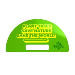 A green custom-shaped paper fan without handles featuring messages about conservation and a logo.