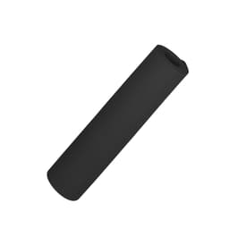 A rolled black Premium TPE yoga mat, featuring a smooth surface and a subtle logo design.